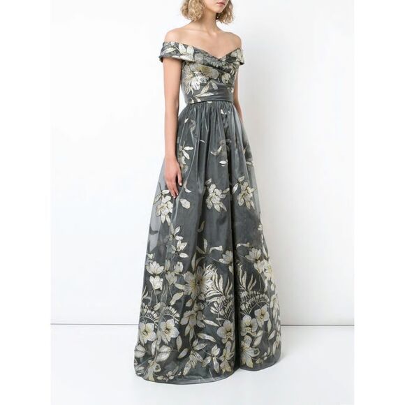 New! MARCHESA NOTTE Women's Floral Embroidered Metallic Fil Coupe Gown V-Back 2 - Picture 3 of 6